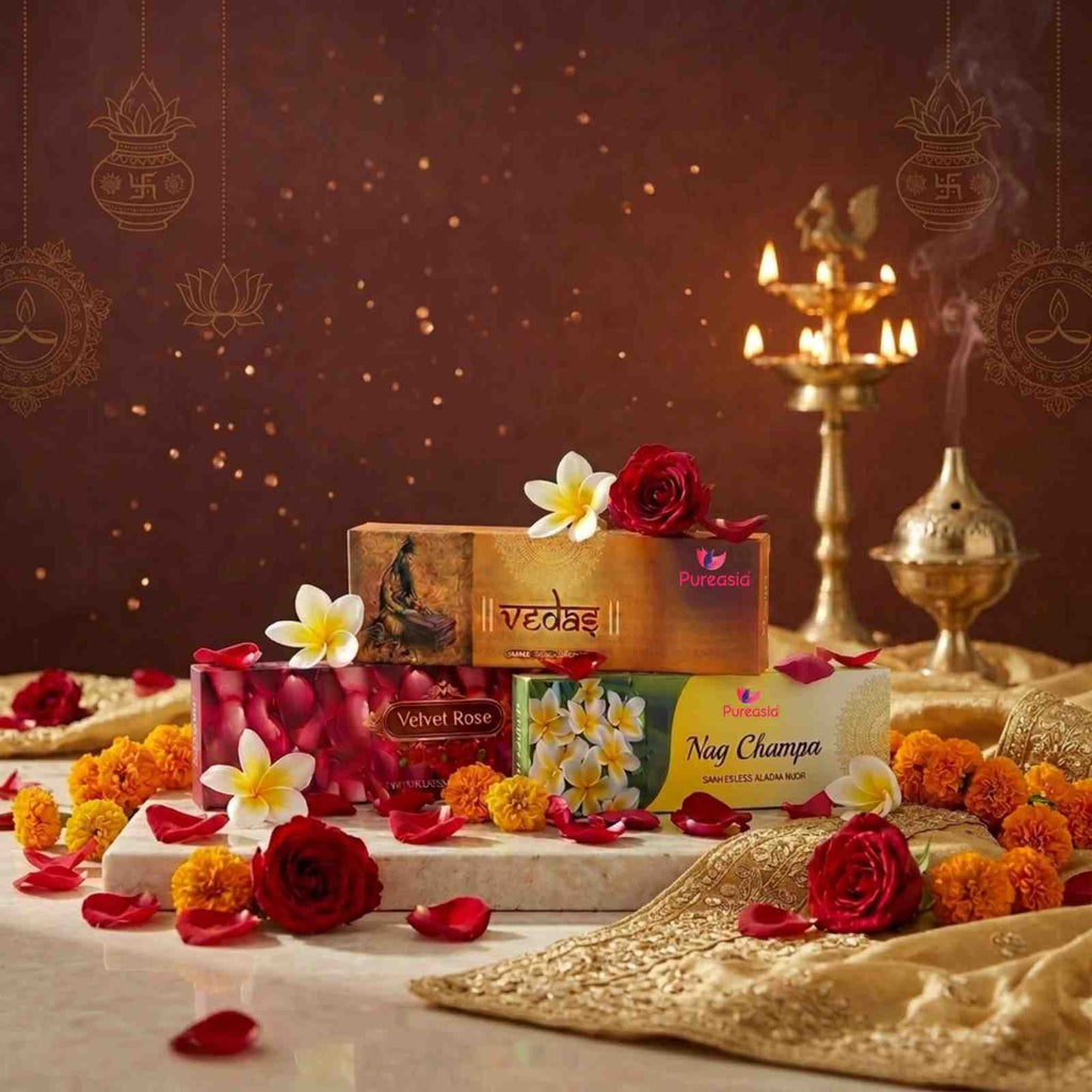 Bamboo-Less Incense Combo Pack  Vedaa, Velvet Rose & Nag Champa Aroma Collection – Pure Asia