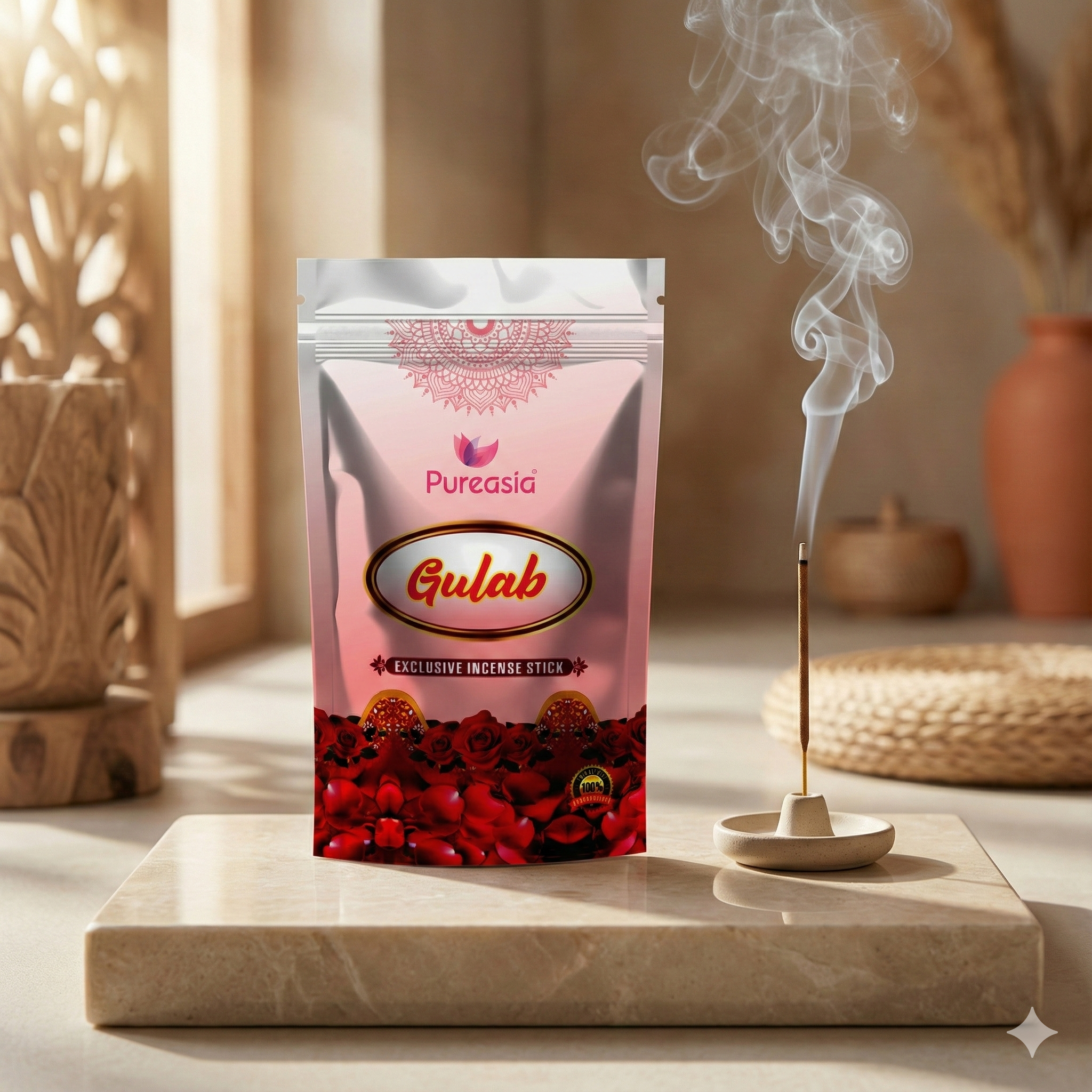 Pure Asia Gulab Agarbatti Zipper Pouch 120g – Incense Sticks