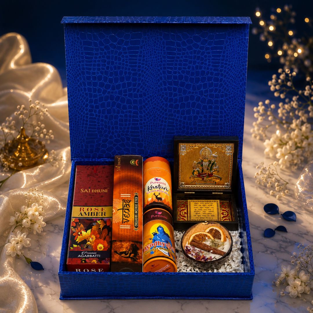 Pureasia Premium Spiritual Fragrance Gift Hamper with Dhoop Sticks, Agarbatti, Candle, Hanuman Frame
